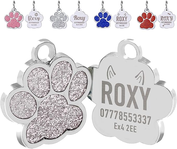 EDSG Cat Dog Tags Personalized for Pets, Dog Name Tags Cat Name ID Tag, Engraved Dog Tags Dog ID Tags Small Glitter Bling ID Tag Paw Print for Cat Pet Dog Puppy(Blue