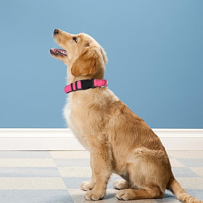 PWOD Reflective Dog Collar, Adjustable Soft Neoprene Padded Nylon Pet Collars with Buckle for Extra Large Dogs, Hotpink,XL