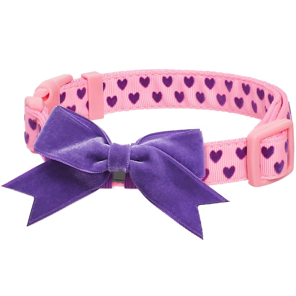 Blueberry Pet Adjustable Flocking Dog Collar with Detachable Velvety Bowtie - Heart in Gothic Grape