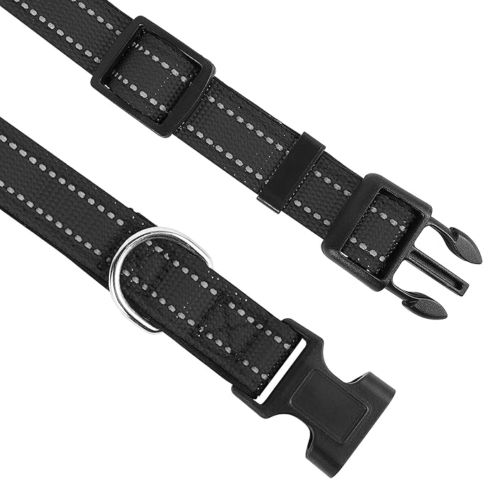 PWOD Reflective Dog Collar, Adjustable Soft Neoprene Padded Nylon Pet Collars with Buckle for Large Dogs, Black,L
