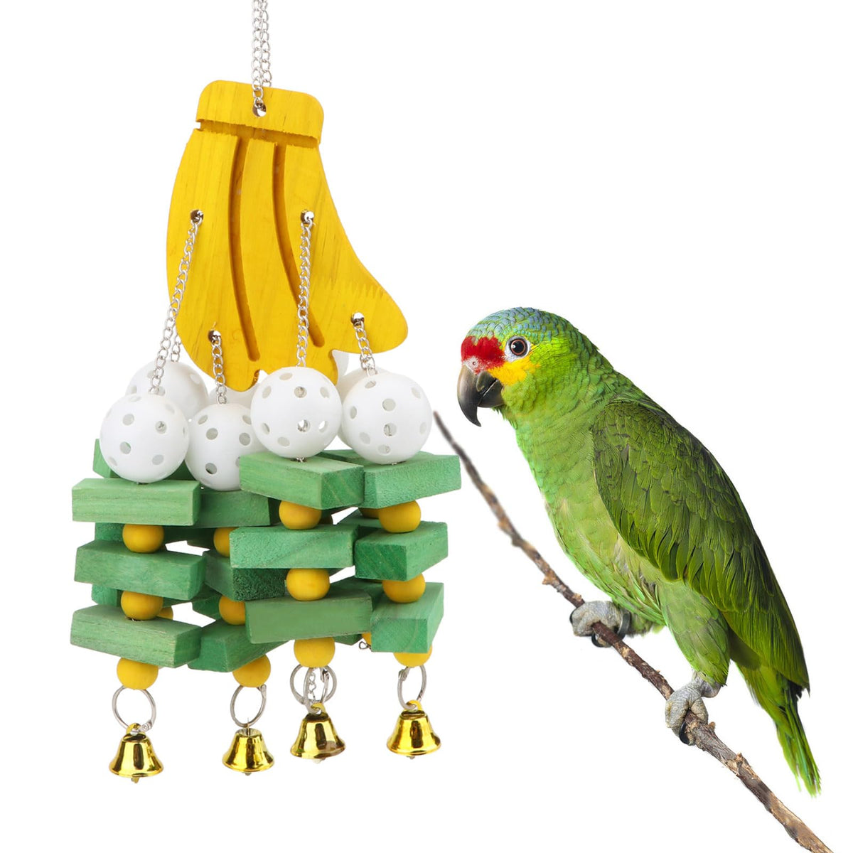 Hypeety Wooden Blocks Bird Chew Toys Natural Hanging Chewing Toy with Bells