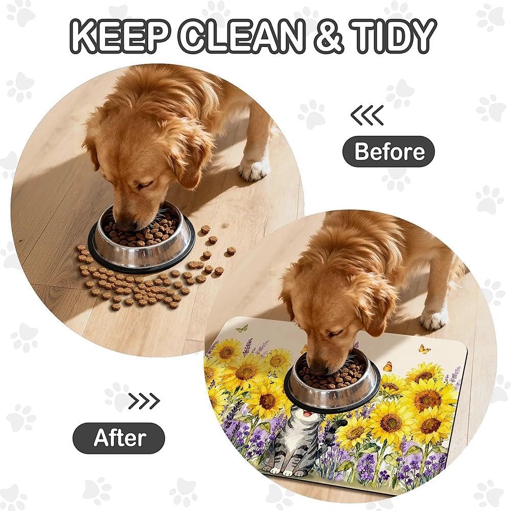 Dog Food Mat for Pet Cat Food Mat, Sunflower Absorbent Quick Dry Dog Bowl Mats for Food and Water, Non-Slip Cat Pet Feeding Mats for Floor Placemats 12"x20"