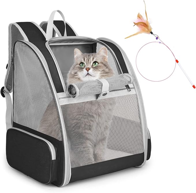Cat Backpack Carrier, Large Pet Backpack with Kitten Wand Feather Toy for Medium Small Dog Cat Puppy Kitty Bunny up to 15lbs, Ventilated Mesh Dog Travel Carrier for Hiking Walking Outdoor Use (Pink)