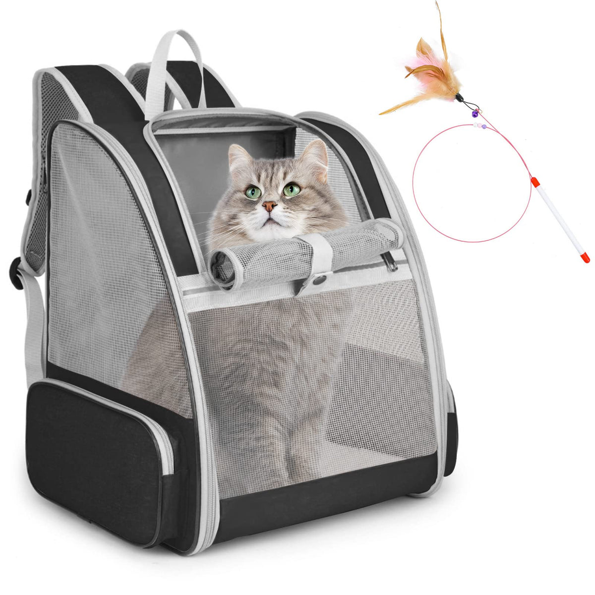 Cat Backpack Carrier, Small Dog Carrier Backpack with Fully Ventilated Mesh, Kitten Wand Feather Toy & Safety Leash, Collapsible Travel Hiking Pet Carrier for Small Dogs Cat Puppy Kitten Bunny (Pink)