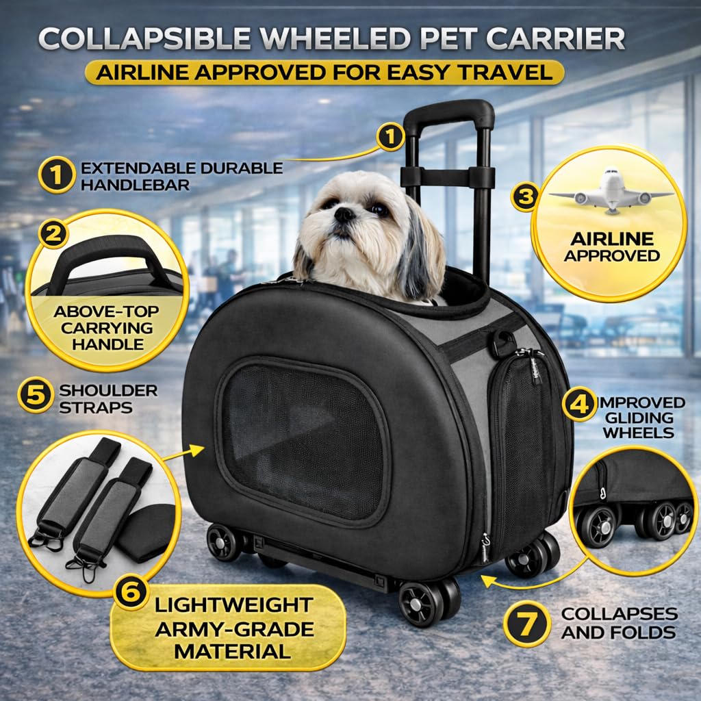 Pet Life ® 'Final Destination' Military-Grade Hardshell and Light 2-in-1 Wheeled or Carrying Travel Airline Cat and Dog Carrier Crate or Portable Pet Kennel