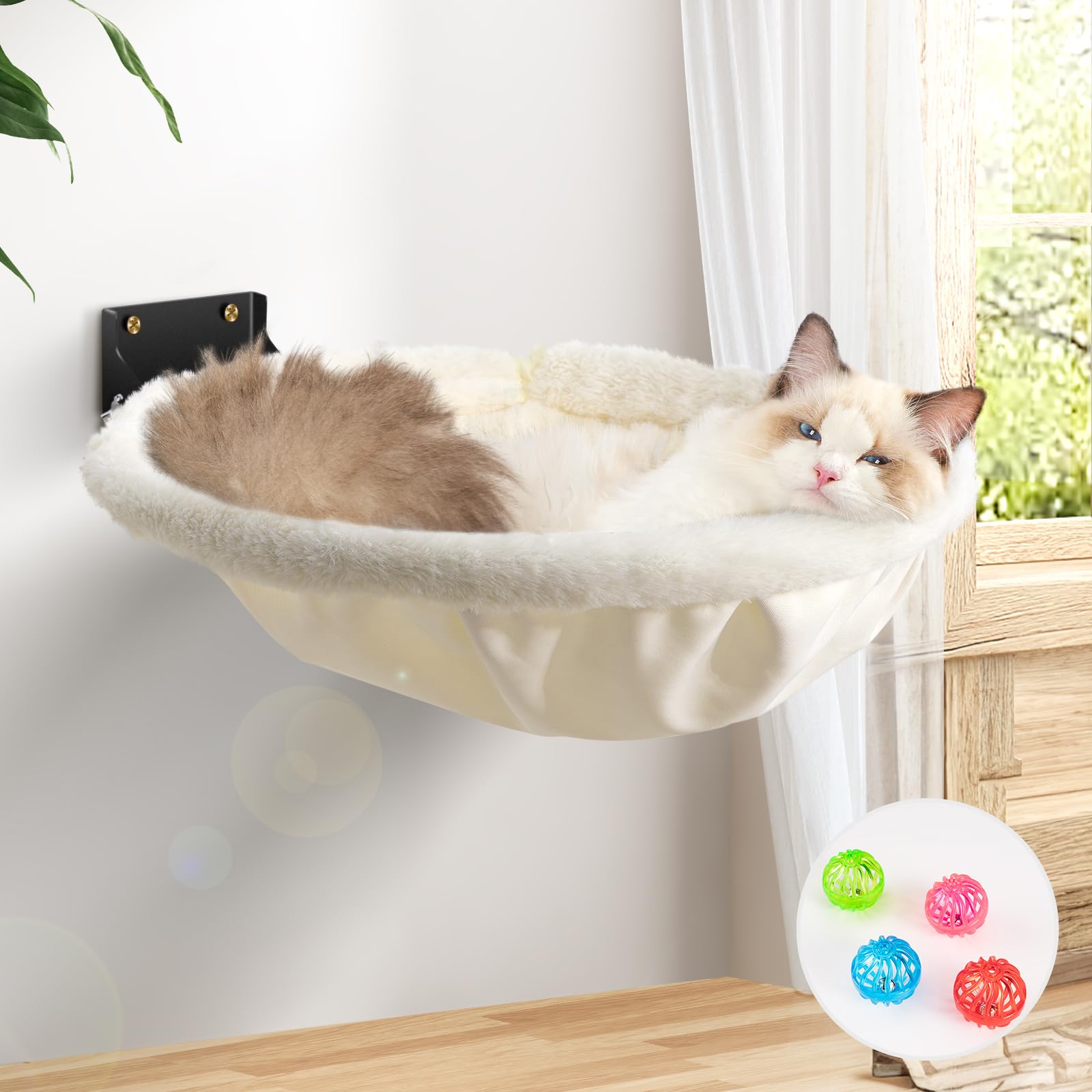 JUNSPOW Cat Hammock Wall Mounted, Foldable & Stable Cat Beds- Breathable Cats Wall Shelves for Sleeping, Playing, Climbing, and Lounging - Maximum Hold Up to 30lb（Cream,Faux Rabbit Fur）