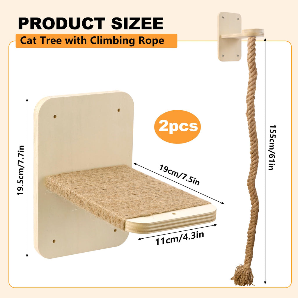 Cat Wall Shelves with 2 x 60 Inch Climbing Rope, Wall Mounted Cat Tree