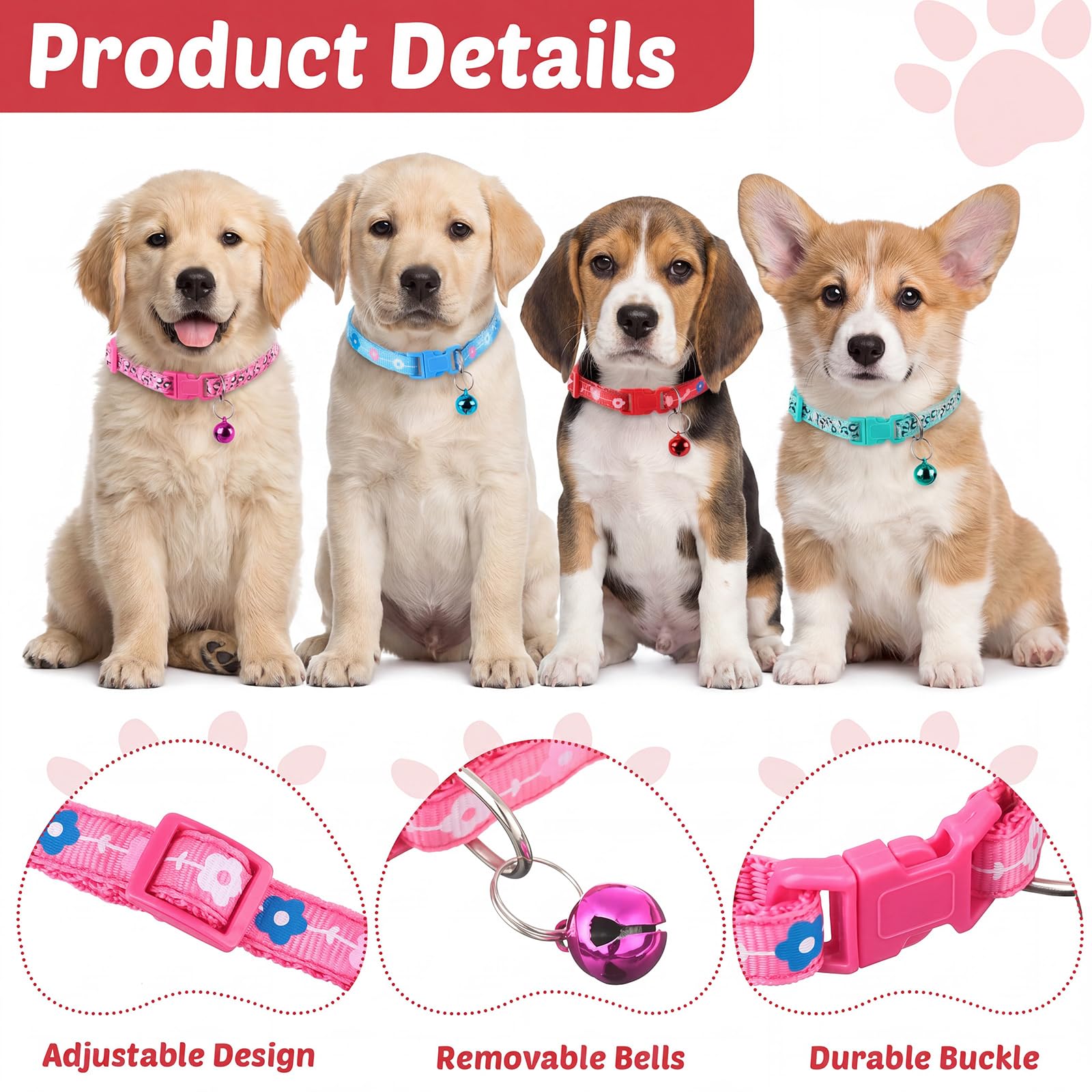 Yunsailing 24 Pcs Dog Collars with Bells for Litter Dog Puppy Soft Nylon Whelping Adjustable Reflective Kitten Collars for Newborn Pets Dogs, Assorted Colors(Cute Pattern)