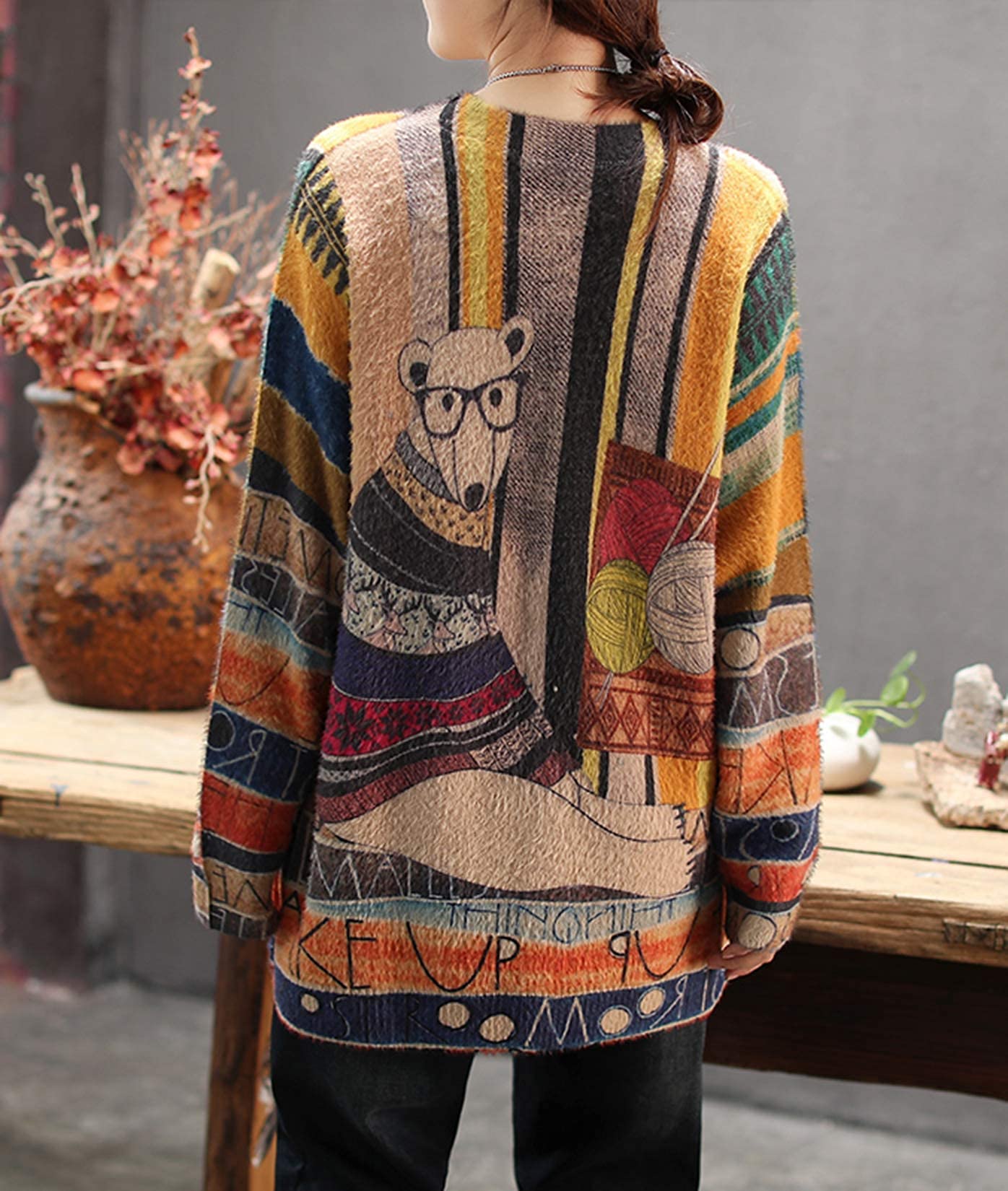 YESNO Women Casual Graphic Crew Neck Loose Long Sleeve Knitted Pullover Printed Sweater XS S01 CR31