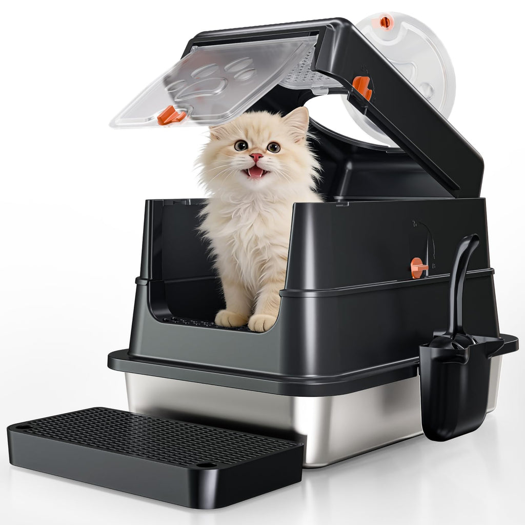 Stainless Steel Cat Litter Box with Lid, Small Enclosed Metal Litter Pan