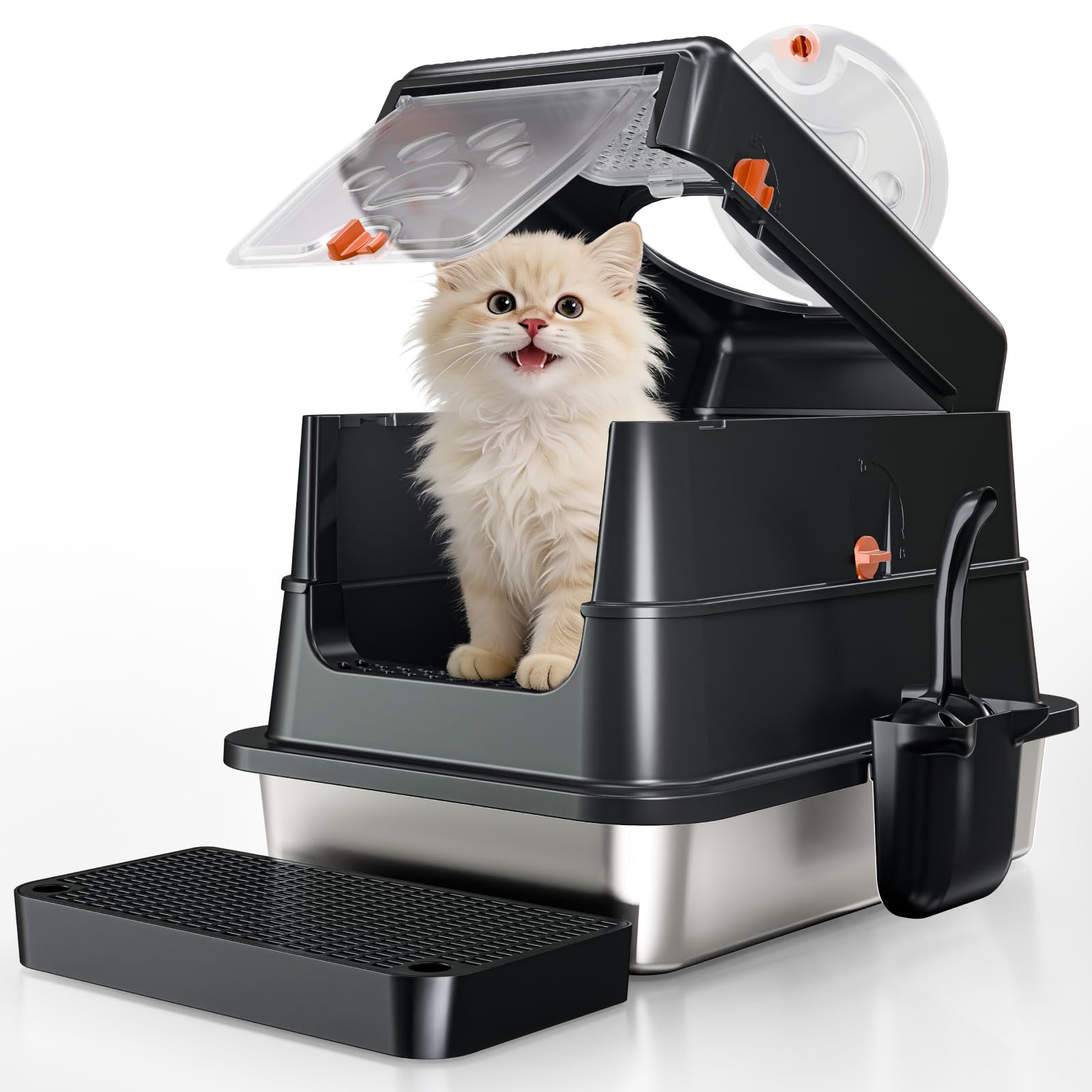 Stainless Steel Cat Litter Box with Lid, Small Enclosed Metal Litter Pan