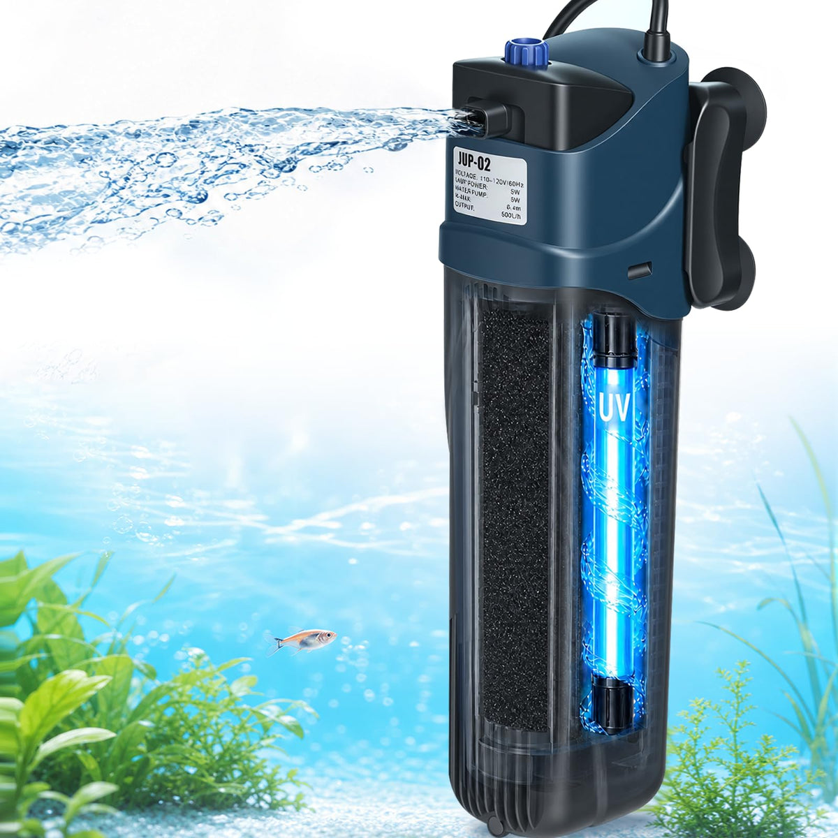 COOSPIDER Aquarium Filter with 5W U-V Light JUP-02 132GPH for 20-60 Gallon