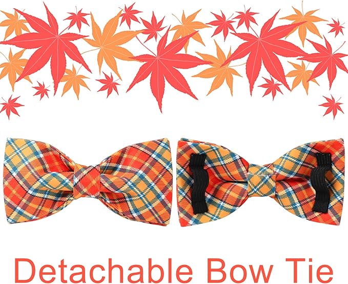 UP URARA PUP Autumn Plaid Dog Collar and Bow Tie Set – Orange Yellow Checkered Adjustable Fall Collar with Maple Leaf Charm for Small Medium Large Dogs, Soft Cotton Pet Collars with Buckle and D-Ring