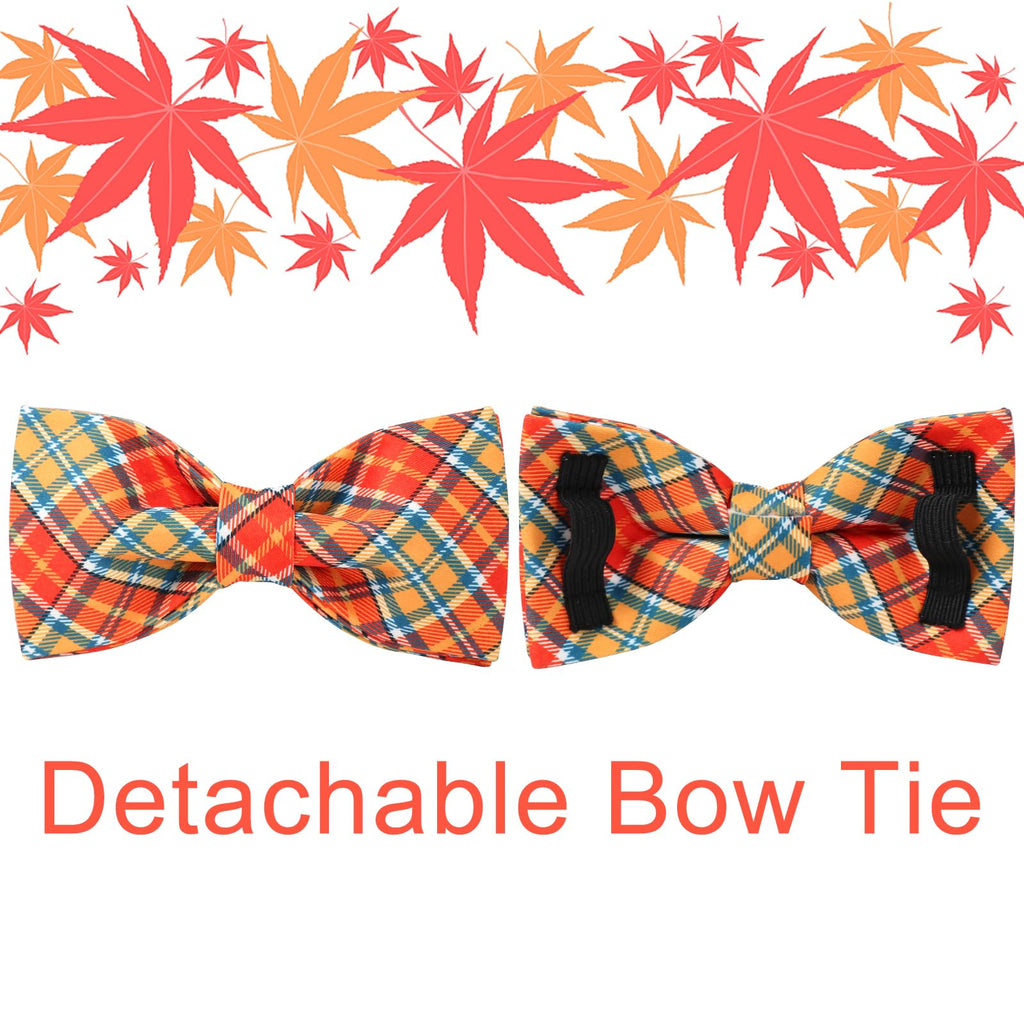 UP URARA PUP Autumn Plaid Dog Collar and Bow Tie Set – Orange Yellow Checkered Adjustable Fall Collar with Maple Leaf Charm for Small Medium Large Dogs, Soft Cotton Pet Collars with Buckle and D-Ring