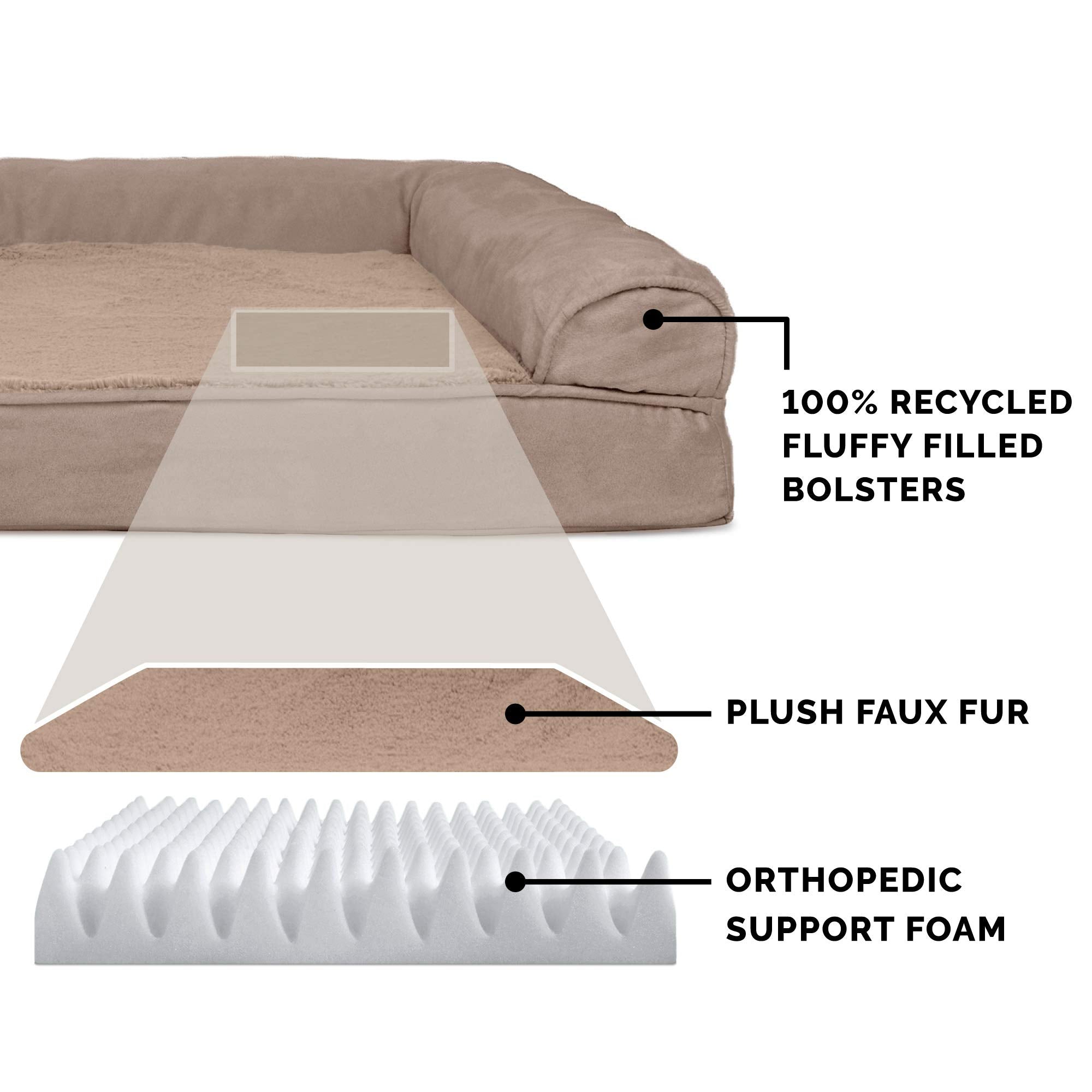 Furhaven Orthopedic Dog Bed for Large Dogs w/ Removable Bolsters & Washable Cover, For Dogs Up to 95 lbs - Plush & Suede Sofa - Almondine, Jumbo/XL