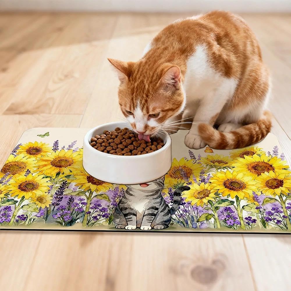 Dog Food Mat for Pet Cat Food Mat, Sunflower Absorbent Quick Dry Dog Bowl Mats for Food and Water, Non-Slip Cat Pet Feeding Mats for Floor Placemats 12"x20"