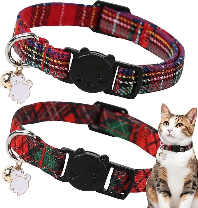 Unique style paws 2 Pack Autumn Halloween Kitten Collar Breakaway with Bell&Pendant, Adjustable Safety Coloeful Orange Brown Grid Cat Cotton Collar for Girl Boy Cat and Small Pet