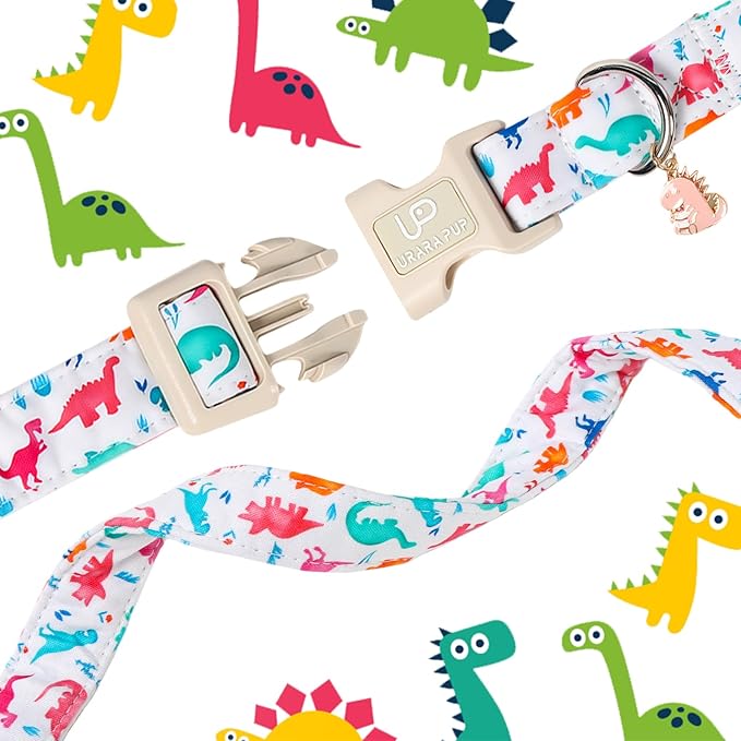 UP URARA PUP Summer Dog Collar, Adorable Dinosaur Cotton Dog Collar with Quick Release, Gift Dino Collars for Small Medium Large Boys Dogs Cute Durable Comfortable Pet Collars
