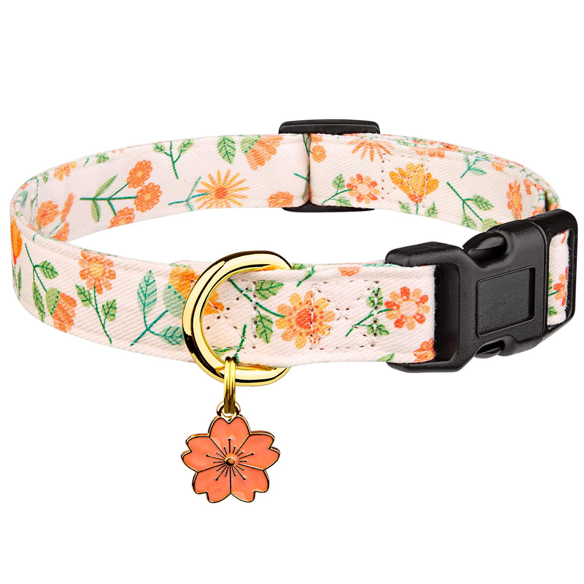 Cotton Dog Collar Pink Flower with Pendant Cute Dog Collar S