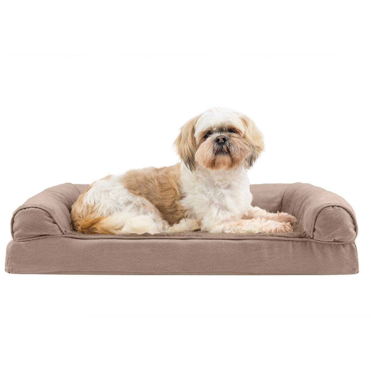 Furhaven Orthopedic Dog Bed for Large Dogs w/ Removable Bolsters & Washable Cover, For Dogs Up to 95 lbs - Plush & Suede Sofa - Almondine, Jumbo/XL