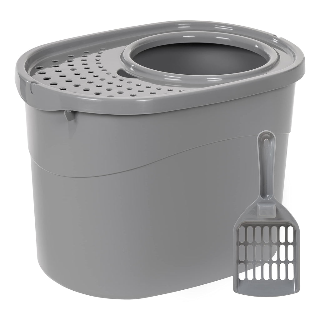 Amazon Basics Large Cat Litter Box with High Sides, Top Entry, Odor Control, Includes Scoop, 20.5 x 14.75 x 14.38 inches, Grey