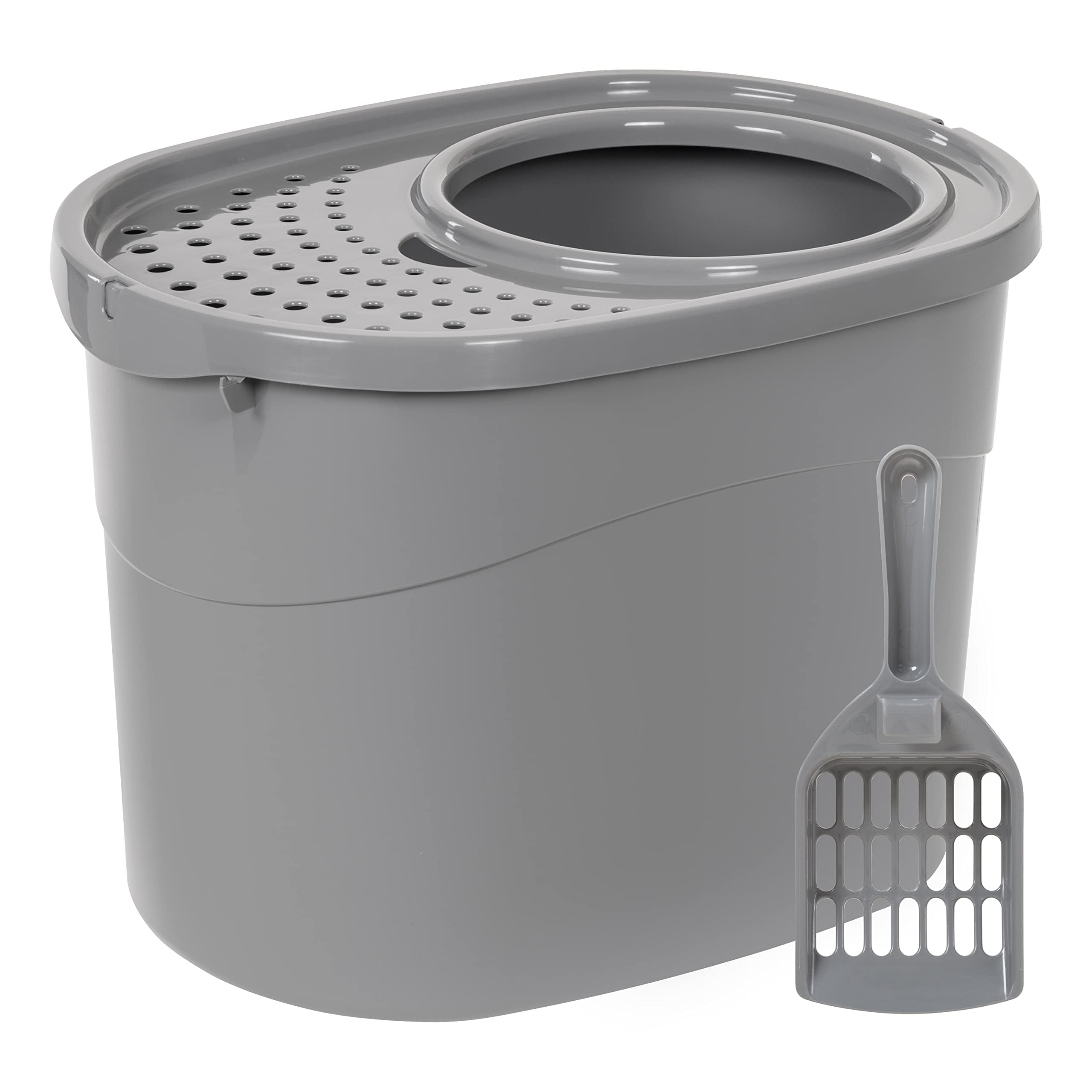 Amazon Basics Large Cat Litter Box with High Sides, Top Entry, Odor Control, Includes Scoop, 20.5 x 14.75 x 14.38 inches, Grey