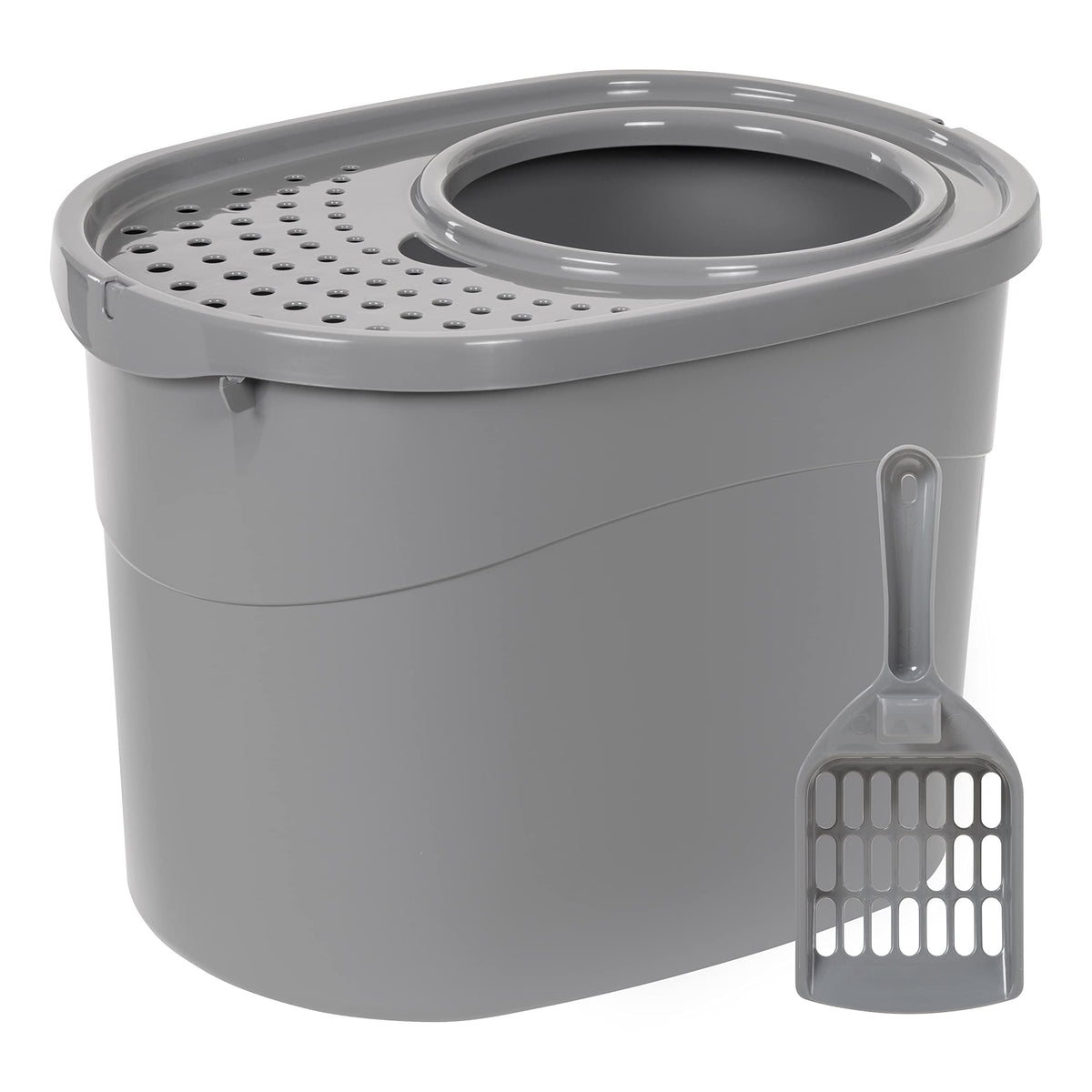 Amazon Basics Large Cat Litter Box with High Sides, Top Entry, Odor Control, Includes Scoop, 20.5 x 14.75 x 14.38 inches, Grey