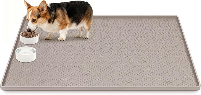 Lanstics Dog Food Mat 42" x29" Large Silicone Mat with Raised Edge Beige