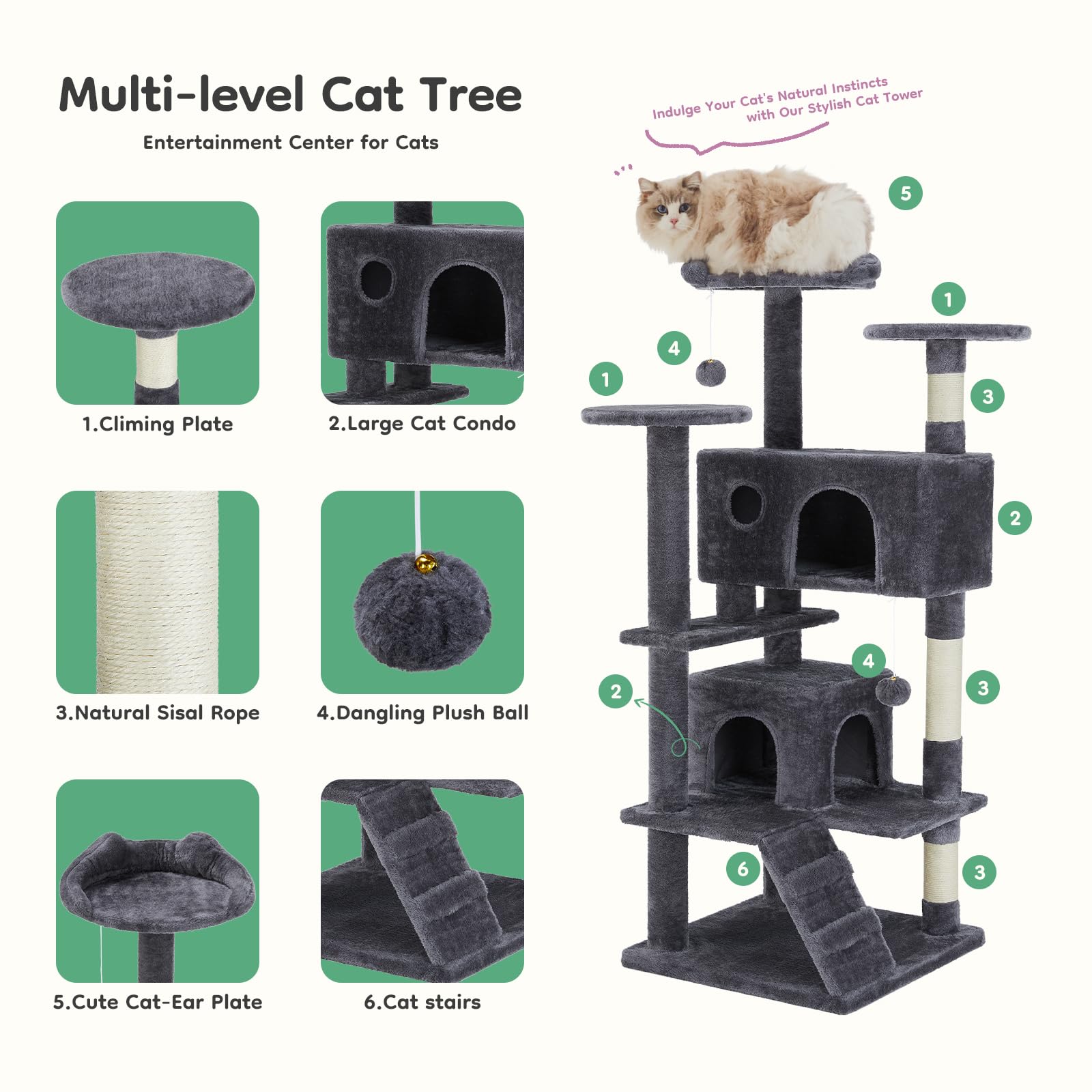 DUMOS 54 Inch Cat Tree Tower with Scratching Posts, Indoor Use