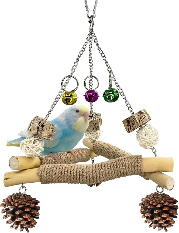 Bird Swing with 3 Bells & Natural Chew Toys – Triangular Perch Stand with Sisal Rope for Parakeets, Cockatiels, Lovebirds, Conures, Parrot – Stable Balance Trainer & Beak Care
