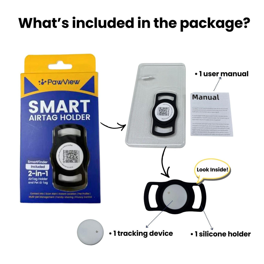 Smart Pet Tracker for Collar - Dog Trackers Location for Pet with Holder, No Monthly Fee, Real-Time Tracking, iOS Only, Long-Lasting, IPX6 Waterproof, Anti-Lost Tracker for Cats, Bag Straps, Black