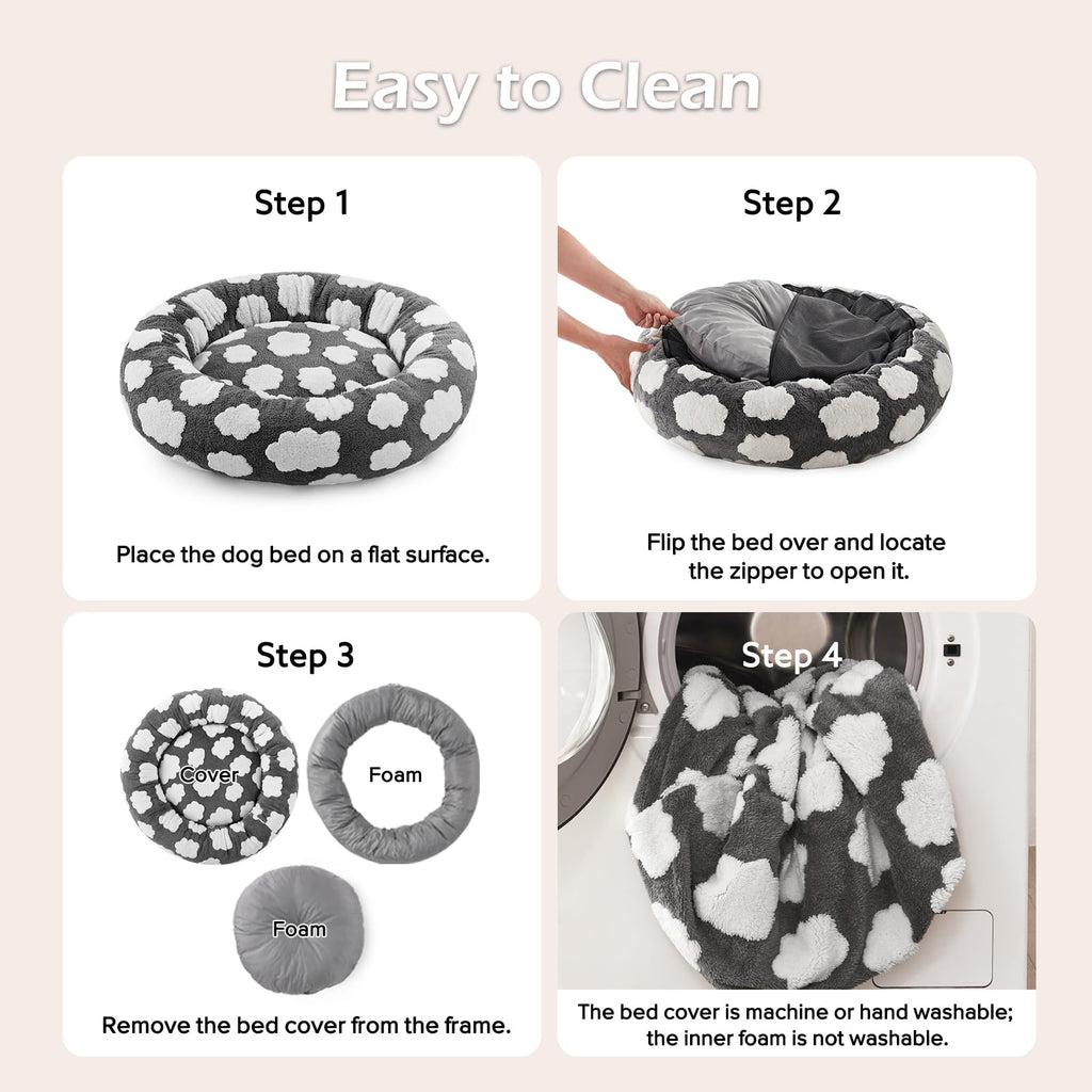 JOEJOY Jacquard Donut Round Dog Beds Large Sized Dog,Grey 36x36x8in, Removable Washable Cover, Cute Pattern, Ultra Soft Fluffy Calming Pet Bed with Thick Supportive Bolster