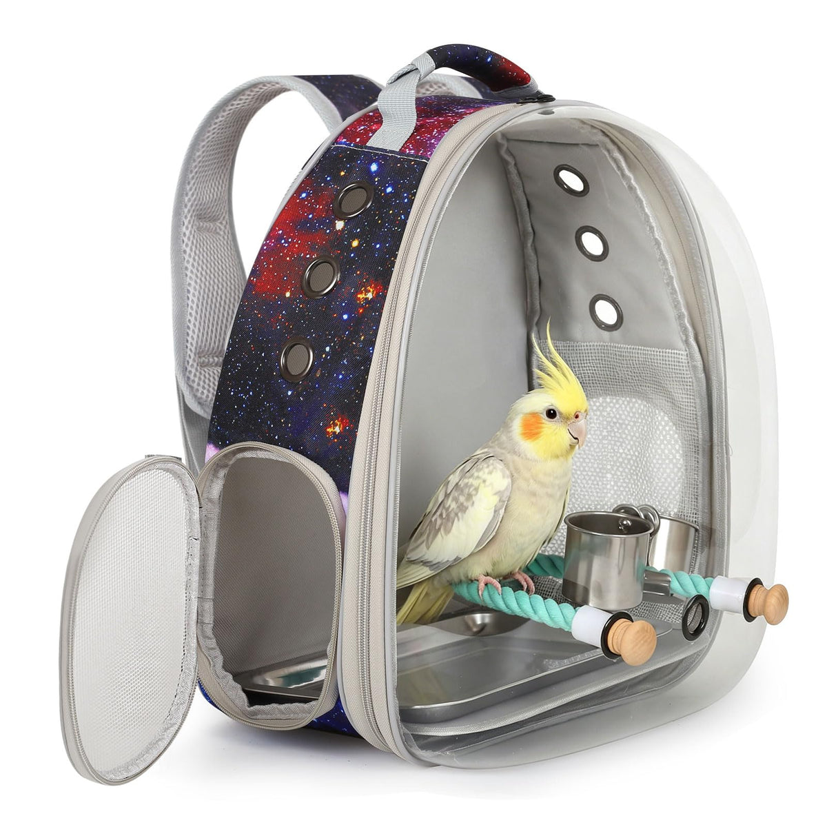 Galaxy Bird Travel Carrier Backpack, Water and Food Cup, Tray and Perch, Clear Bubble Space Capsule Carry Bag