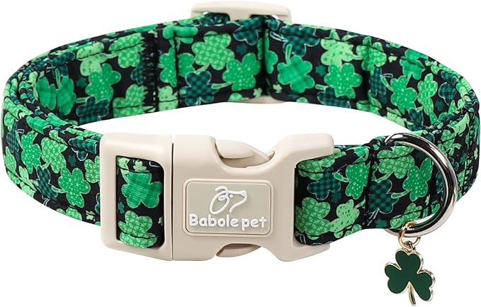 Babole Pet St Patricks Day Dog Collar for Puppy Small Dogs - Green Lucky Clover Dog Collars, Lightweight Adjustable Irish Festival Shamrock Dogs Collars with Quick Release Buckle XS