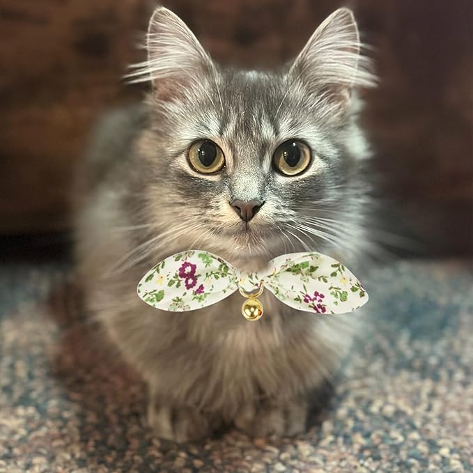 YUDOTE Bowtie Cat Collar with Bell, 2 Pack Cotton Breakaway Kitten Collars with Removeable Bow Stylish Cat Collars, Floral Green & Plaid