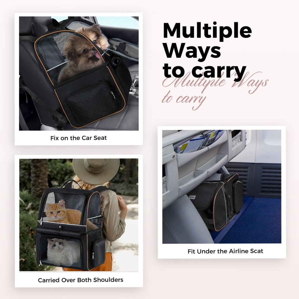 Lekebobor Double Cat Backpack Carrier for 2 Cats, Double-Compartment Pet Carrier Backpack for Two Small Cat or One Medium Cat, Cats Carrier Backpack Dog Carrier Backpack Fits Up to 24 Lbs,Black