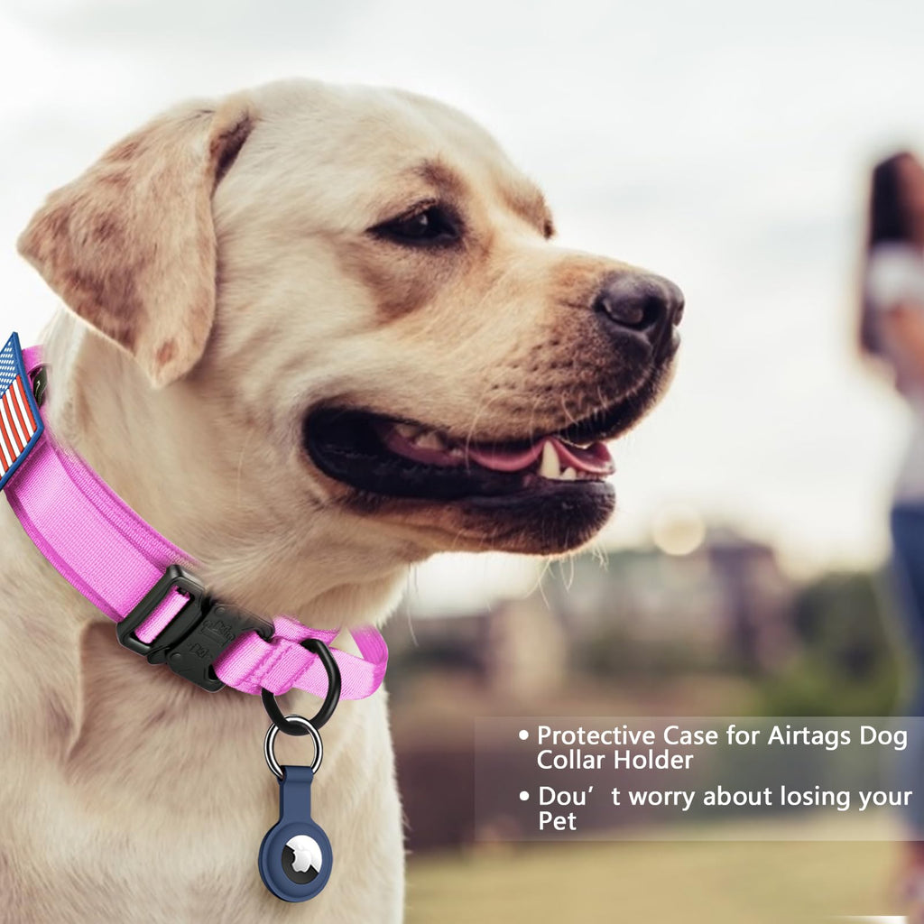 DAGANXI Tactical Dog Collar, Adjustable Military Training Nylon Dog Collar with Control Handle and Heavy Metal Buckle for Medium and Large Dogs, with Patches and Airtags Case (L, Pink)