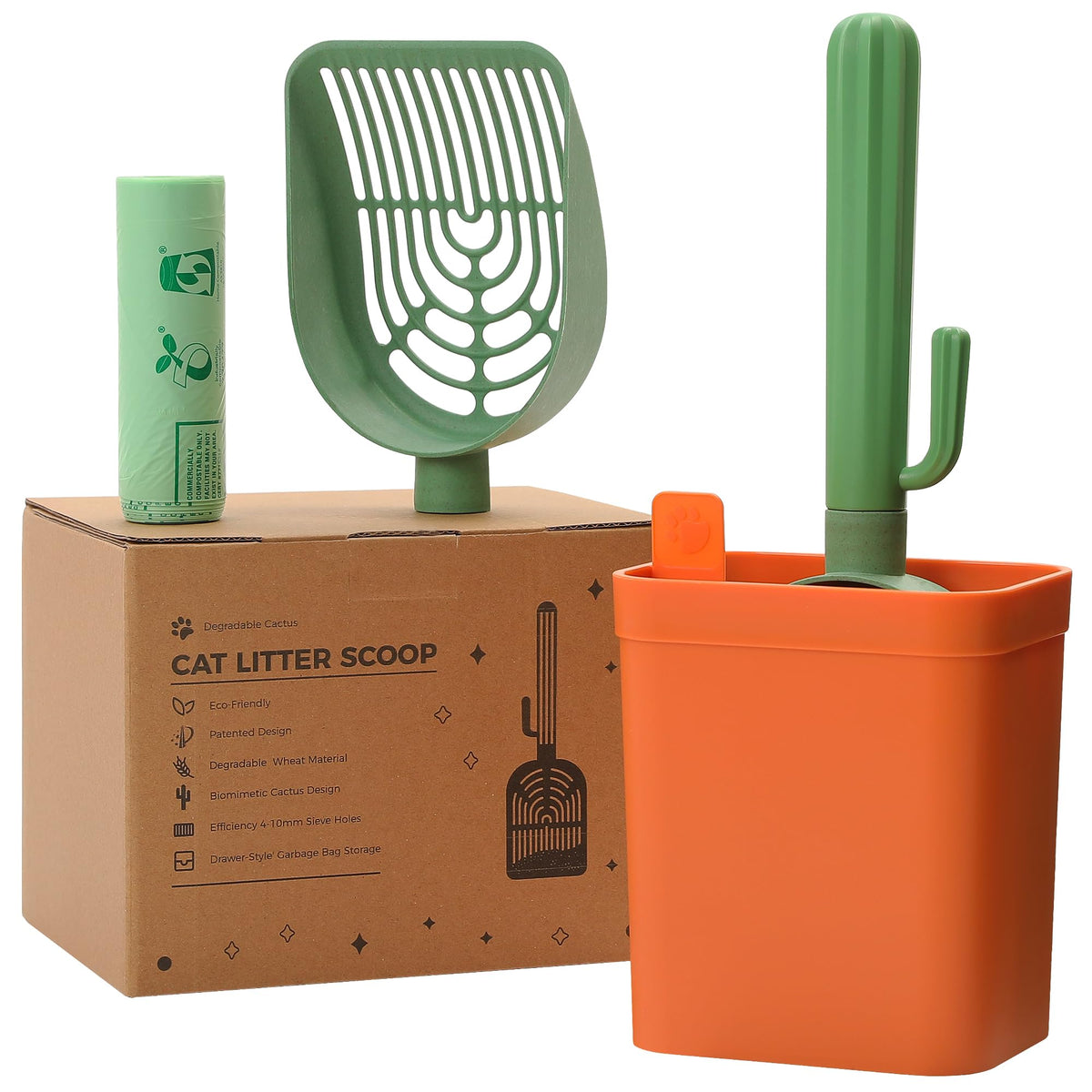 MUTTROS Cactus Cat Litter Scoop with Holder, 2 Replaceable Shovels, Green