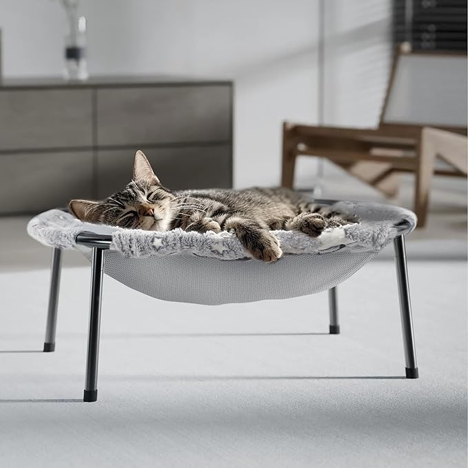 POMESEA Elevated Cat Bed, Glow-in-The-Dark Fabric Cat Hammock Bed for Large Indoor Cats, Machine Washable & Breathable Cover, Tool Free Easy Assembly, up to 66Lbs (Gray, L)