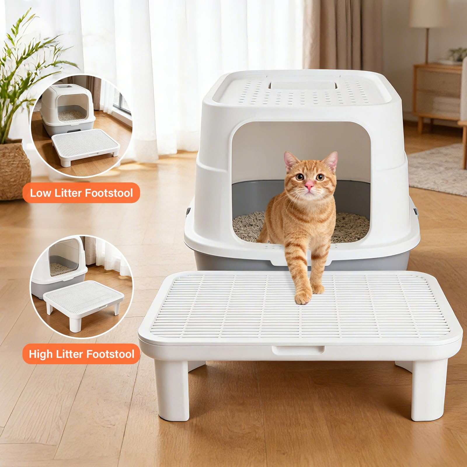 Cat Step Ramp Adjustable Litter Box Step with Filter Function, White