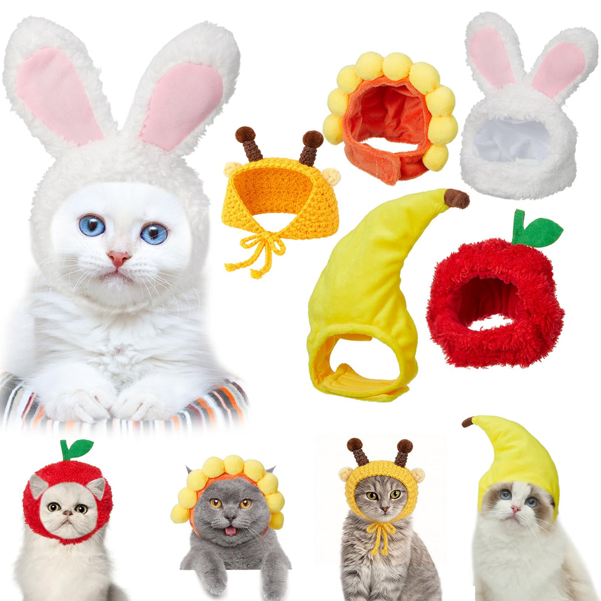 Weewooday 5 Pieces Cat Hats Costume Bunny Hat Outfit with Ears Small Dogs Kitten Puppy Party Costume Accessory Headwear(Lovely Style)