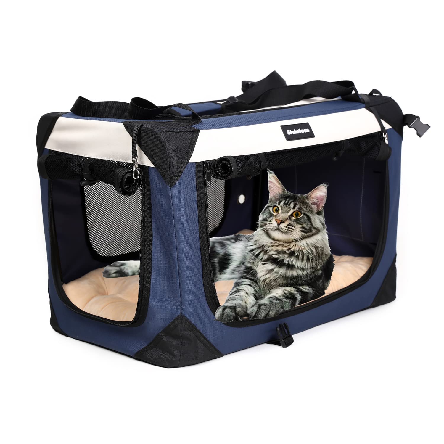 Sivlefoss Large Cat Carrier, Collapsible Dog Travel Crate Portable Soft-Sided Pet Carrier with Super Soft Warm Plush Mat for Indoor and Outdoor 20x14x14in,Navy Blue