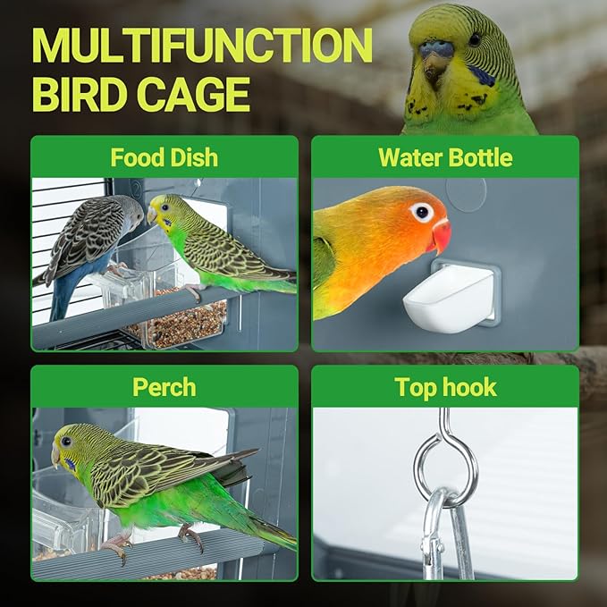 SUKEOPET Acrylic Bird Cage, 25 inch Medium Parrot Cage for Parakeet Cockatiel Conure Lovebird, Panoramic View Bird Cage with Water Bottle Bird Feeder Perch Rolling Stand