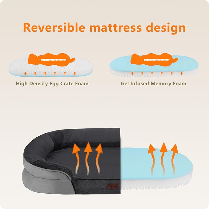 Dwanton Orthopedic Dog Bed for Large Dogs with Gel Memory Foam, Waterproof Dog Sofa, Washable Pet Bed with Four Sided Bolster Cushion, Removable Cover & Non-Slip Bottom, 38", Dark Gray