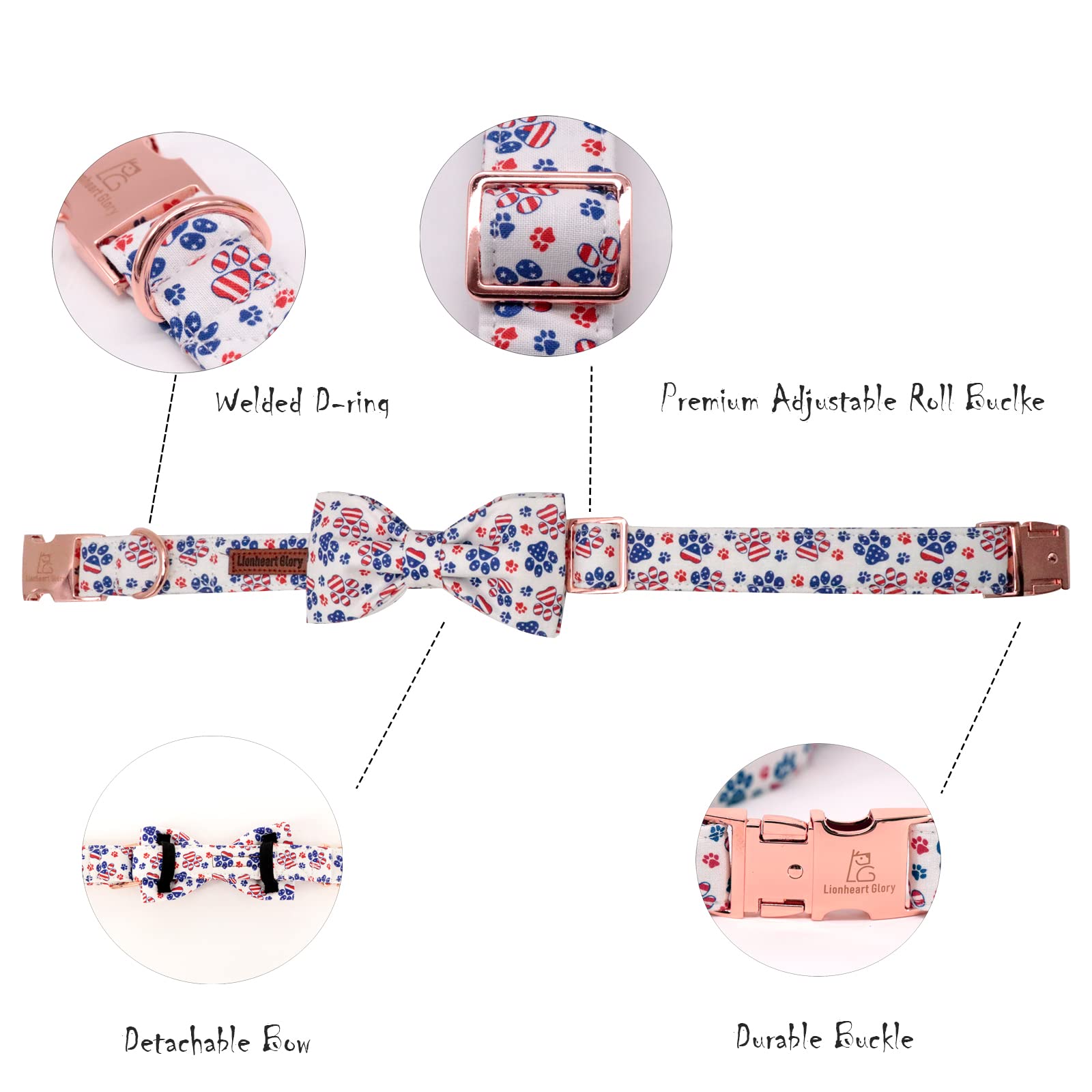 Lionheart Glory American Flag Dog Collar - 4th of July Collar with Adjustable Bow for Large Dogs