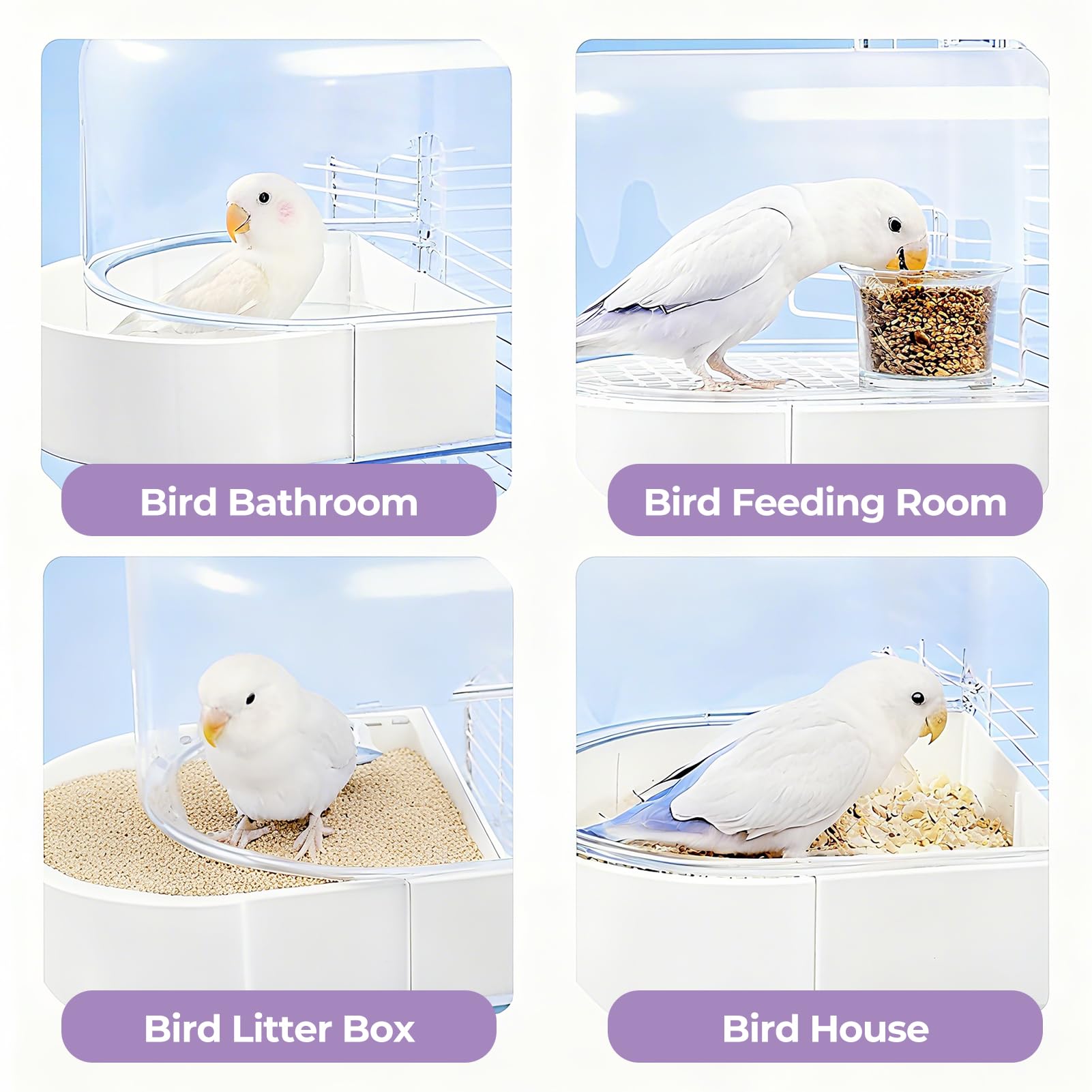 mini&moe Bird Bath for Cage, 4 in 1 Multifunction Birds House/Bath/Litter Box/Feeder Room, Bird Cage Accessories for Pet Birds Conure Budgies Cockatiels Lovebird,Finches, Parakeets, Mannikin, White