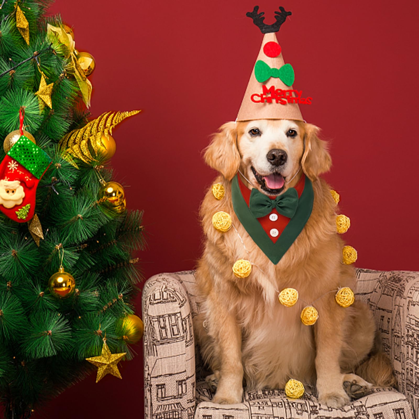 FUAMEY Christmas Dog Bandanas Xmas Holiday Dogs Collar with Bow Tie