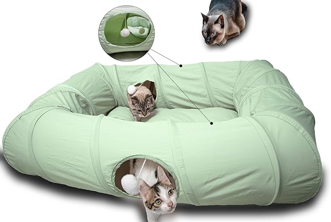 XxingSheep 4 Ways Shuttled XL Cat Tunnel Bed for Indoor Cats Peekaboo Cat Cave Donut with Cool Mat (Pink)