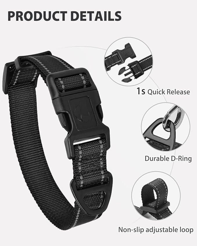 Joytale Dog Collar for Large Dogs, Strong Double-Sided Reflective Nylon Collar for Night Safety, Adjustable Quick-Release for Daily Walking, Black, L (1" Width)