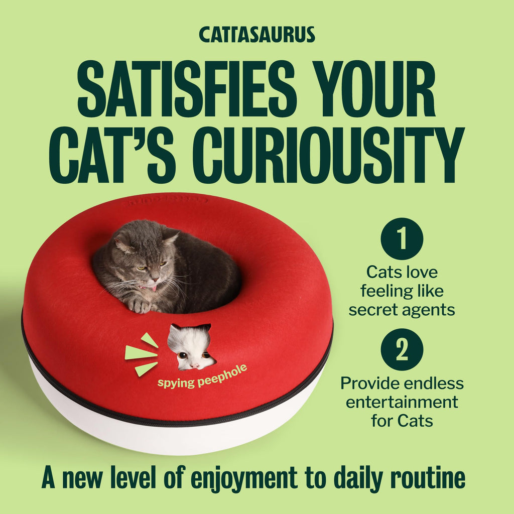 Cattasaurus Peekaboo Cat Cave Donut for Multiple & Large Cats up to 30-45 lbs, 3-in-1 Self Warming Cat Bed, Tunnel & Scratcher for Indoor Cats, Washable & Detachable Dog Bed (Ruby Snowball, Large)